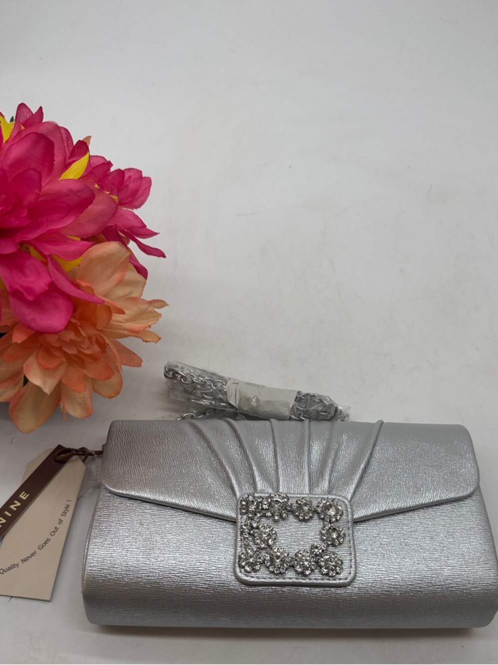 Missnine NWT Silver Evening Clutch with Crystal Buckle